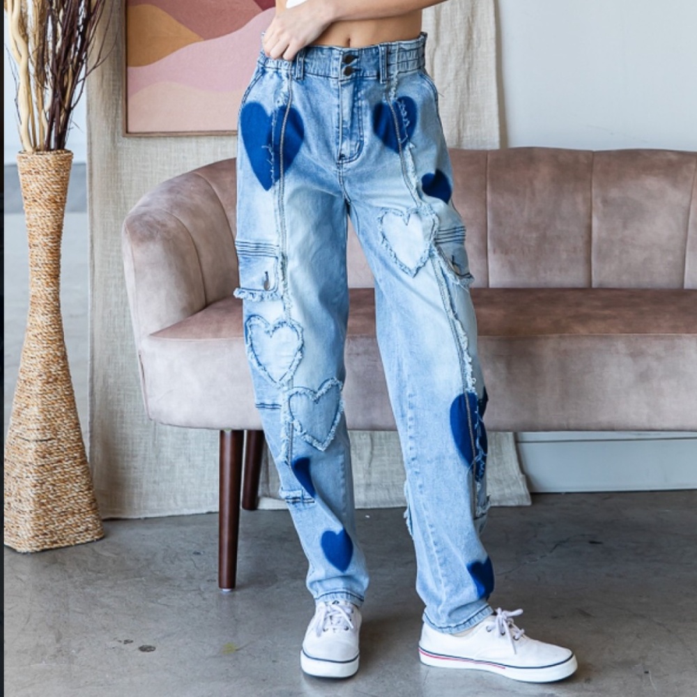 Oli & Hali Light Wash Denim Joggers with Blue Heart Accents - Picture 2 of 7